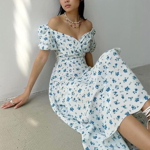 Women's Floral Print Maxi Dress, Puff Sleeve, V-Neck, French Style, High Slit, Elegant Summer Dress (US, Alpha, S, Green) in Kuwait