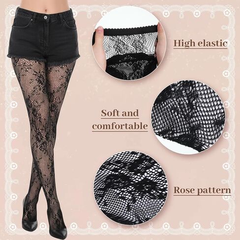 Qianyu Lace Patterned Fishnet Tights for Women, High Waist Floral Pantyhose Stockings Black Stretchy Snag-Free Leggings for Daily Wear Parties Cosplay in Kuwait