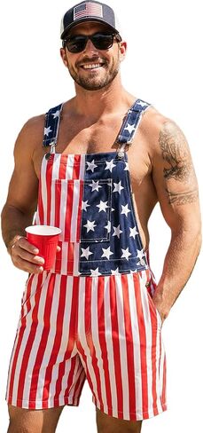 Men's American Flag Shorts Overalls Denim Patriotic Adjustable Straps Bib Coveralls 4th of July Jumpsuit in Kuwait