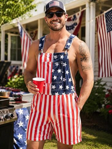 Men's American Flag Shorts Overalls Denim Patriotic Adjustable Straps Bib Coveralls 4th of July Jumpsuit in Kuwait