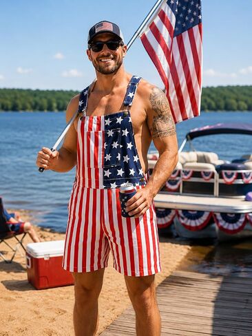 Men's American Flag Shorts Overalls Denim Patriotic Adjustable Straps Bib Coveralls 4th of July Jumpsuit in Kuwait