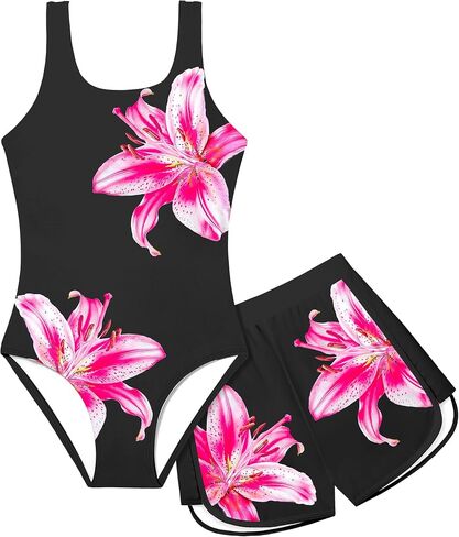Girls Swimsuit One Piece Swimsuits Color Block Bathing Suit for Girls Adjustable Strap Padded Swimwear with Shorts in Saudi Arabia