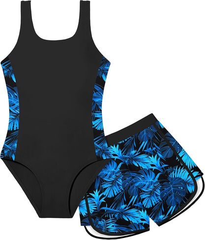 Girls Swimsuit One Piece Swimsuits Color Block Bathing Suit for Girls Adjustable Strap Padded Swimwear with Shorts in Saudi Arabia