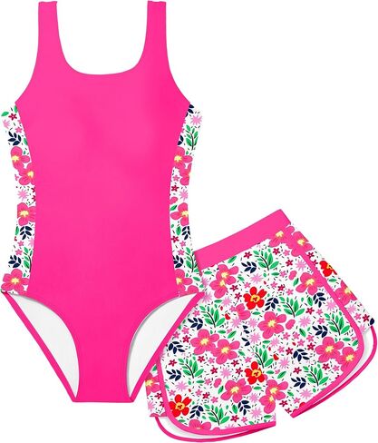 Girls Swimsuit One Piece Swimsuits Color Block Bathing Suit for Girls Adjustable Strap Padded Swimwear with Shorts in Saudi Arabia