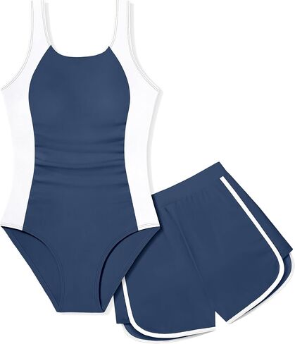 Girls Swimsuit One Piece Swimsuits Color Block Bathing Suit for Girls Adjustable Strap Padded Swimwear with Shorts in Saudi Arabia