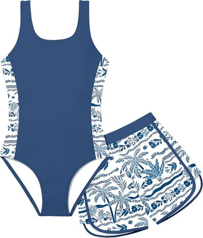 Girls Swimsuit One Piece Swimsuits Color Block Bathing Suit for Girls Adjustable Strap Padded Swimwear with Shorts in Saudi Arabia