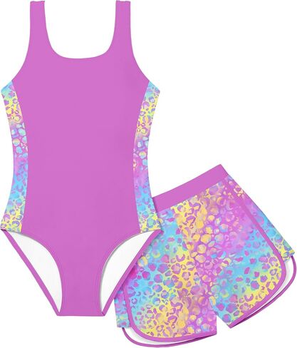 Girls Swimsuit One Piece Swimsuits Color Block Bathing Suit for Girls Adjustable Strap Padded Swimwear with Shorts in Saudi Arabia
