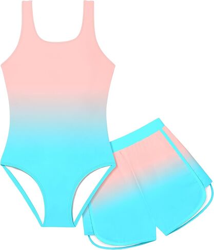 Girls Swimsuit One Piece Swimsuits Color Block Bathing Suit for Girls Adjustable Strap Padded Swimwear with Shorts in Saudi Arabia