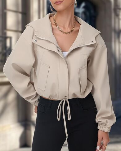 Women Cropped Bomber Jacket Lightweight Casual Zip Up Long Sleeve Hooded Short Outerwear Loose Fit with Pockets in Kuwait