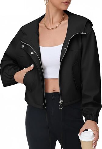 Women Cropped Bomber Jacket Lightweight Casual Zip Up Long Sleeve Hooded Short Outerwear Loose Fit with Pockets in Kuwait