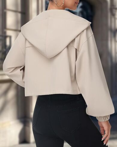 Women Cropped Bomber Jacket Lightweight Casual Zip Up Long Sleeve Hooded Short Outerwear Loose Fit with Pockets in Kuwait