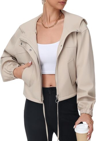 Women Cropped Bomber Jacket Lightweight Casual Zip Up Long Sleeve Hooded Short Outerwear Loose Fit with Pockets in Kuwait