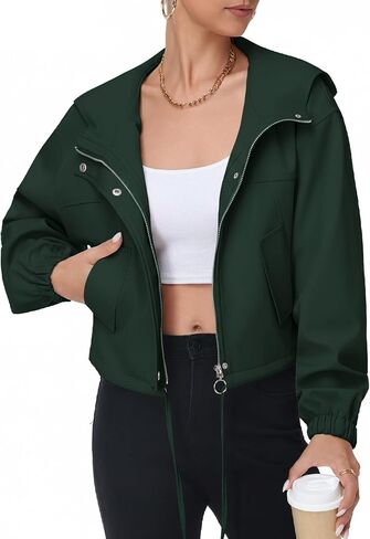 Women Cropped Bomber Jacket Lightweight Casual Zip Up Long Sleeve Hooded Short Outerwear Loose Fit with Pockets in Kuwait
