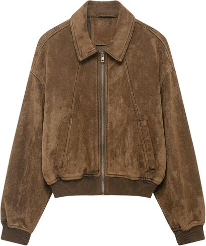 Chevara Women’s Faux Suede Jacket Casual Lapel Collar Long Sleeve Zip Up Crop Outerwear Pilot Coat with Pockets in Saudi Arabia
