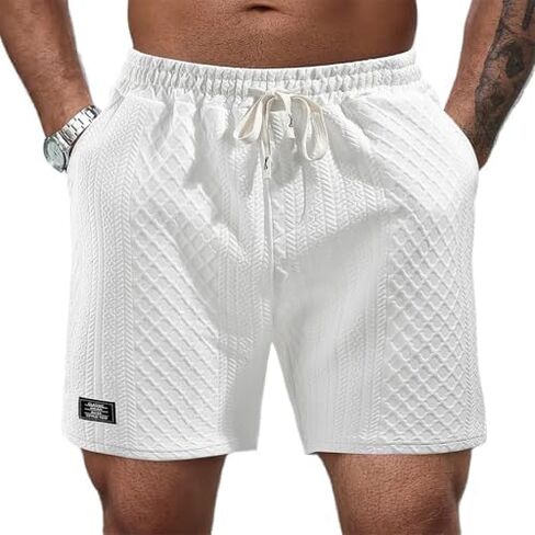 Men's Summer Casual Beach Shorts Drawstring Elastic Waist Textured Plain Comfort Shorts in Saudi Arabia