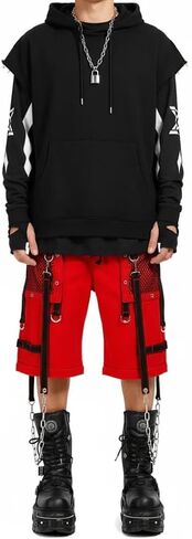 شورت Darkrock Goth Cargo للجنسين، أحمر مع أشرطة سوداء in Kuwait