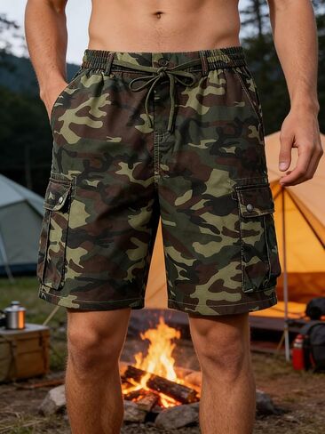 Men's Cargo Shorts, Camouflage Print, Elastic Waist with Drawstring, Side Pockets with Snap Closure in Kuwait