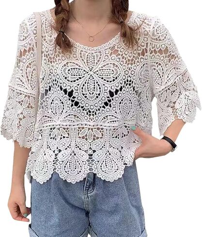 Women French Hollow Out Crochet Knit T-Shirts 3/4 Sleeve Crewneck Floral Lace Loose Blouse Beach Up Tops in Kuwait