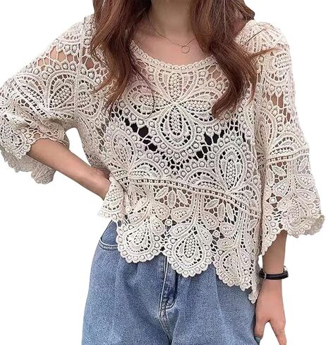 Women French Hollow Out Crochet Knit T-Shirts 3/4 Sleeve Crewneck Floral Lace Loose Blouse Beach Up Tops in Kuwait