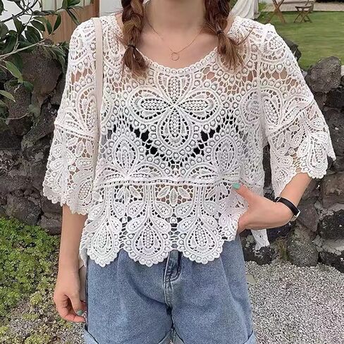 Women French Hollow Out Crochet Knit T-Shirts 3/4 Sleeve Crewneck Floral Lace Loose Blouse Beach Up Tops in Kuwait