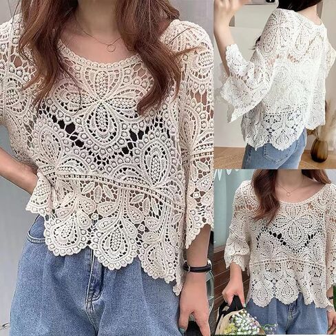 Women French Hollow Out Crochet Knit T-Shirts 3/4 Sleeve Crewneck Floral Lace Loose Blouse Beach Up Tops in Kuwait