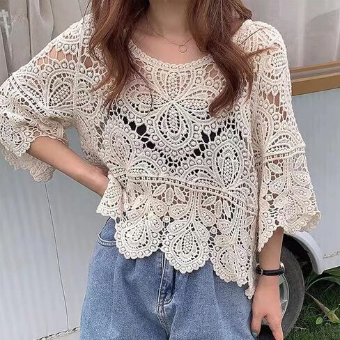 Women French Hollow Out Crochet Knit T-Shirts 3/4 Sleeve Crewneck Floral Lace Loose Blouse Beach Up Tops in Kuwait
