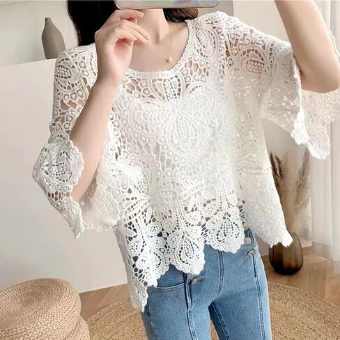 Women French Hollow Out Crochet Knit T-Shirts 3/4 Sleeve Crewneck Floral Lace Loose Blouse Beach Up Tops in Kuwait