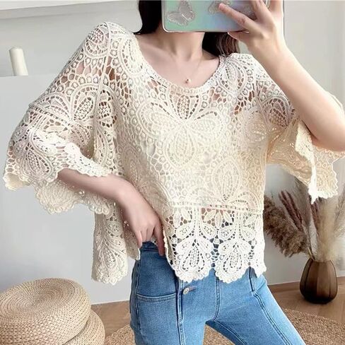Women French Hollow Out Crochet Knit T-Shirts 3/4 Sleeve Crewneck Floral Lace Loose Blouse Beach Up Tops in Kuwait