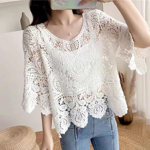 Women French Hollow Out Crochet Knit T-Shirts 3/4 Sleeve Crewneck Floral Lace Loose Blouse Beach Up Tops in Kuwait