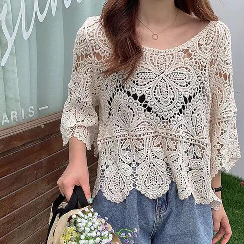 Women French Hollow Out Crochet Knit T-Shirts 3/4 Sleeve Crewneck Floral Lace Loose Blouse Beach Up Tops in Kuwait