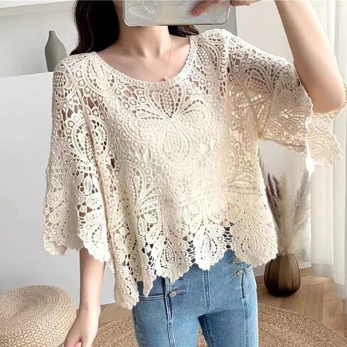 Women French Hollow Out Crochet Knit T-Shirts 3/4 Sleeve Crewneck Floral Lace Loose Blouse Beach Up Tops in Kuwait