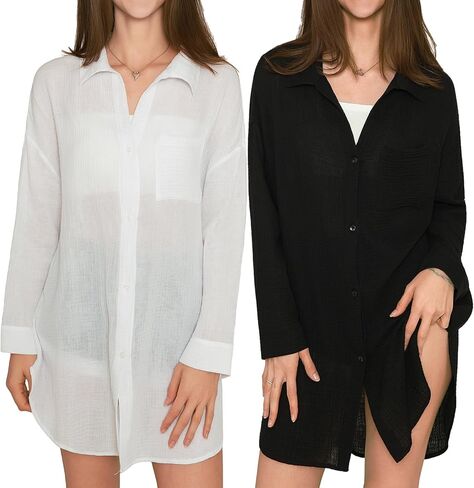 MERIDIANA 2 Pack Women's Swimsuit Cover Up 100% Cotton Beach Button Down Shirt Dress Long Sleeve Tops Bathing Suit Coverups in Saudi Arabia