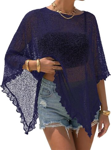 LOMON Womens Sheer Poncho Lightweight Knit Ruffle Beach Cover Ups Mesh Top Lace Summer Outfits 2026 in Kuwait
