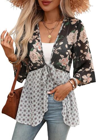 ZAFUL Women's Kimono Swimsuit Coverups Ruffle 3/4 Sleeve Lightweight Cardigans Puff Sleeve Black Orange Floral M in Kuwait
