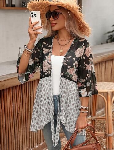 ZAFUL Women's Kimono Swimsuit Coverups Ruffle 3/4 Sleeve Lightweight Cardigans Puff Sleeve Black Orange Floral M in Kuwait