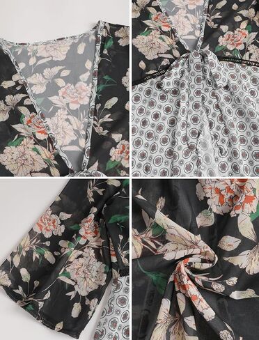 ZAFUL Women's Kimono Swimsuit Coverups Ruffle 3/4 Sleeve Lightweight Cardigans Puff Sleeve Black Orange Floral M in Kuwait