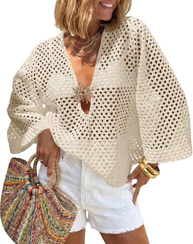 Saodimallsu Womens Crochet Beach Cover Up Top Summer 3/4 Sleeve Boho Oversized Mesh Knit V Neck Swimsuit Coverup in Kuwait