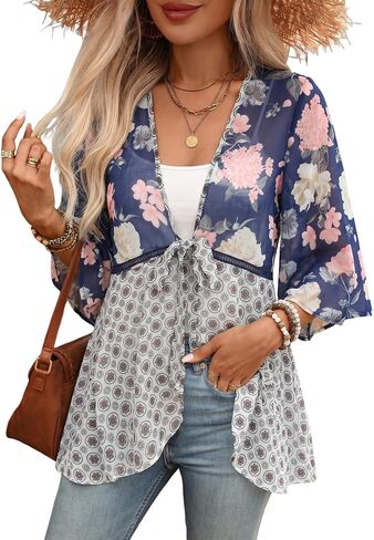 ZAFUL المرأة كيمونو ملابس السباحة التستر الأزهار خفيفة الوزن كشكش 3/4 كم الأزهار خفيفة الوزن بالأزرار الأكمام نفخة in Kuwait