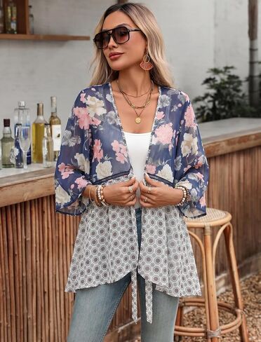 ZAFUL المرأة كيمونو ملابس السباحة التستر الأزهار خفيفة الوزن كشكش 3/4 كم الأزهار خفيفة الوزن بالأزرار الأكمام نفخة in Kuwait