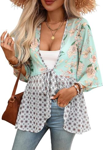 ZAFUL المرأة كيمونو ملابس السباحة التستر الأزهار خفيفة الوزن كشكش 3/4 كم الأزهار خفيفة الوزن بالأزرار الأكمام نفخة in Kuwait