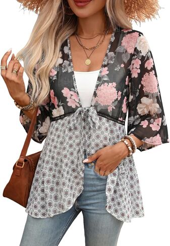ZAFUL المرأة كيمونو ملابس السباحة التستر الأزهار خفيفة الوزن كشكش 3/4 كم الأزهار خفيفة الوزن بالأزرار الأكمام نفخة in Kuwait