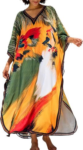 Chunoy Women Kaftan V Neck Casual Bathing Suit Kimono Sleeve Side Split Beach Cover Up Caftan Dress in Saudi Arabia