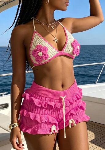 Women's Summer 2 Piece Crochet Beach Swimsuits Vacation Outfits Floral Bra Tops Drawstring Ruffle Shorts Bikini Sets in Saudi Arabia