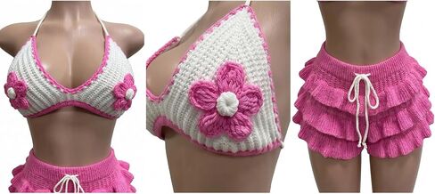 Women's Summer 2 Piece Crochet Beach Swimsuits Vacation Outfits Floral Bra Tops Drawstring Ruffle Shorts Bikini Sets in Saudi Arabia