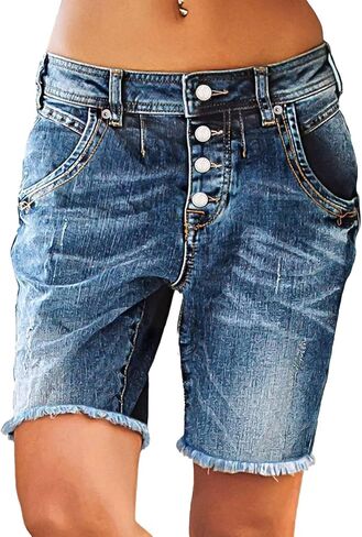 Flamingals Women's High Weavt Double Hend Hem Strained Strainim Mid Hid Trendy Strendy Jean Shorts in Kuwait