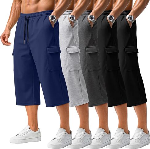 August Alley 5 Pack Mens Big and Tall Capri Pants Cargo 3/4 Long Shorts Baggy Drawstring Active Sweatpants with Pockets Bulk in Kuwait