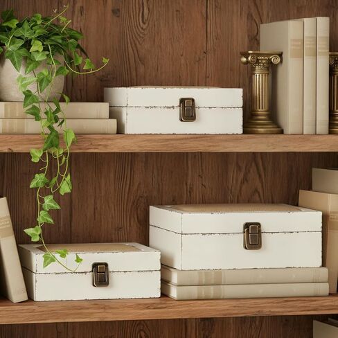 Rustic Ivory Decorative Storage Boxes with Lids Set of 2, Farmhouse Wooden Boxes for Home Decor, Keepsake Boxes Memory Gift Boxes for Living Room, Coffee Table, Entryway, Bedroom in Saudi Arabia