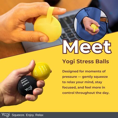 Yogi Stress Balls - Stress Ball with Finger Grip Strap, Stress Balls for Adults and Kids, Grip Strength Trainer Squeeze Balls, Anxiety Stress Relief, Fidget Handball, Squish Ball - 2 Pack in Kuwait