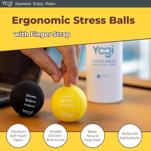 Yogi Stress Balls - Stress Ball with Finger Grip Strap, Stress Balls for Adults and Kids, Grip Strength Trainer Squeeze Balls, Anxiety Stress Relief, Fidget Handball, Squish Ball - 2 Pack in Kuwait