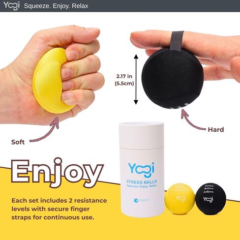 Yogi Stress Balls - Stress Ball with Finger Grip Strap, Stress Balls for Adults and Kids, Grip Strength Trainer Squeeze Balls, Anxiety Stress Relief, Fidget Handball, Squish Ball - 2 Pack in Kuwait